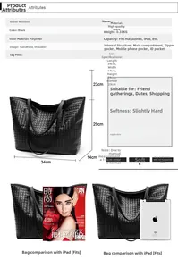 Detailed technical diagram showing dimensions and structure of the black woven tote bag