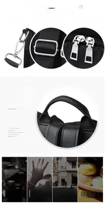 Détails du sac à dos en nylon noir avec attaches argentées et poignée en cuir renforcée