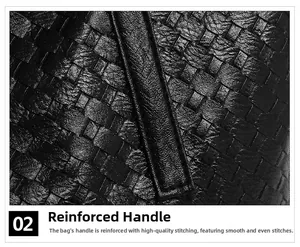 Close-up of black woven texture tote bag showing reinforced handle stitching detail