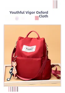 Détail du sac à dos rouge en tissu Oxford avec pendentif chat et écusson de la marque