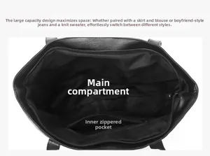 Detailed view of large leather tote bag interior with main pocket and zipper compartment