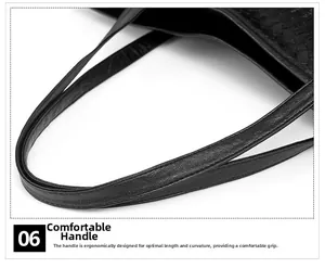 Close-up of the ergonomic woven tote bag handles with detailed stitching on black faux leather