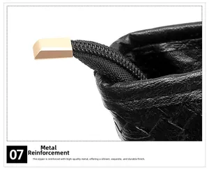 Close-up of black woven leather tote texture with gold-toned metal zipper hardware
