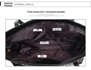 Interior of black woven tote bag showing purple lining with multiple functional pockets