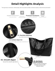 Detail shot of black woven tote bag showing smooth zippers and reinforced hardware