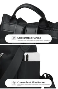 Détail du sac à dos en nylon montrant la poignée renforcée et la poche latérale