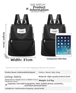 Sac à dos noir en tissu Oxford avec comparatif de taille iPad et tableau des spécifications