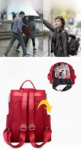 Detail of red anti-theft backpack with back zipper design and large storage interior