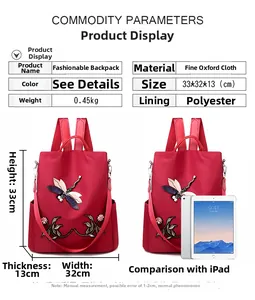 Detail view of red oxford backpack with 3D dragonfly embroidery and size comparison
