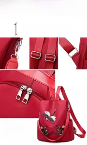 Detailed close-up of high-quality metal hardware and 3D dragonfly embroidery on backpack