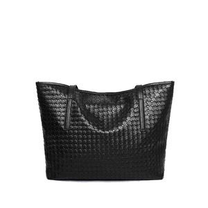 Large black woven tote bag with classic intrecciato pattern and shoulder straps