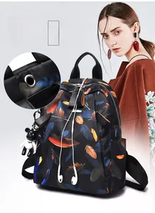Detail of floral backpack showing the integrated headphone port and floral print texture