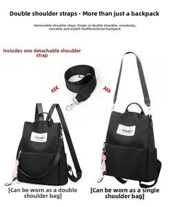 Détail du sac à dos noir en Oxford avec bandoulière amovible et pendentif chat mignon