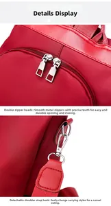 Detail of red backpack with 3D embroidery showing smooth silver double metal zippers