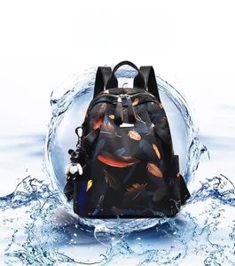 Waterproof detail of black backpack with feather print and splashing water effect