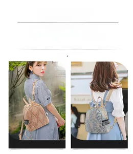 Detail of woven mini backpack showing fringe tassels, pearl accents and dual strap design