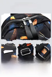 Detailed view of silver metal zippers and feather print fabric on a travel backpack
