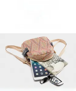 Detail shot of woven mini backpack showing spacious capacity for iPad and essentials