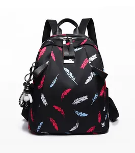 Detail of waterproof nylon backpack with colorful feather prints and panda pendant