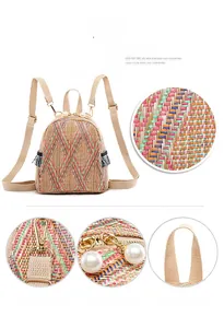 Detail of colorful woven mini backpack featuring pearl zippers and gold-tone hardware