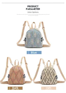 Three woven mini backpacks in blue and khaki with pearl zippers and black tassels