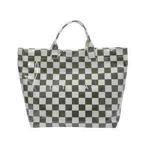 Green and white checkered tote bag with glossy finish and large capacity