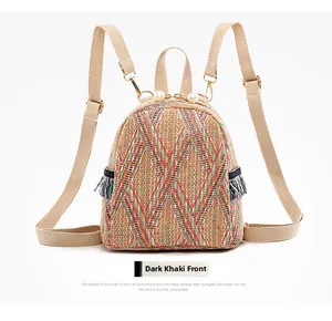 Detail of woven straw mini backpack with colorful patterns and pearl zipper pull