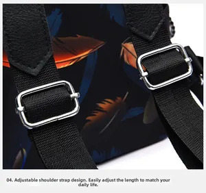 Detail of adjustable strap with silver buckle on waterproof printed floral backpack