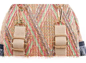 Detail of multi-color woven backpack with durable gold metal buckle and beige strap