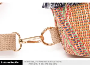 Detail of reinforced gold metal lobster clasp and D-ring on woven summer backpack