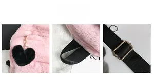 Close-up of pink plush backpack details showing heart pendant and golden metal buckles