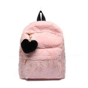 Pink fluffy faux fur backpack with black heart pendant for students and school