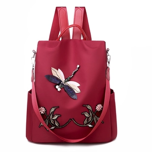 Women Fashion Backpack Oxford Cloth 3D Dragonfly Flower Embroidery Anti-theft Large Capacity Travel Bag
