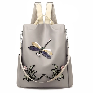 Grey Oxford backpack with 3D dragonfly and floral embroidery for women travel use