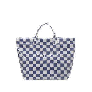 Blue and white checkerboard tote bag with large TOTE BAG text print in a spacious design