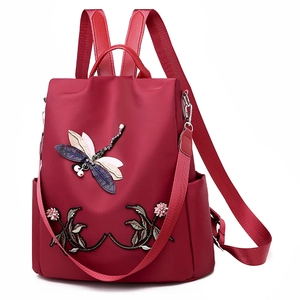 Red 3D dragonfly embroidery oxford backpack for women with beaded details and large capacity
