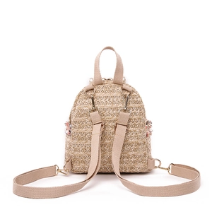 Mini zaino in paglia da donna con perle decorative e spalline beige regolabili