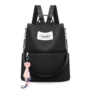Sac à dos femme en tissu Oxford noir antivol avec pendentif chat rose et étiquette de marque