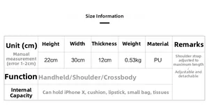 Size chart showing PU leather Boston bag dimensions 30x22x12cm with adjustable strap