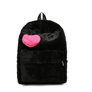 Plush black backpack for women with a pink heart charm and soft fuzzy texture