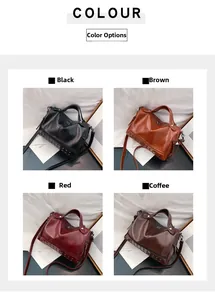 Boston handbags set in black, brown, red, and coffee colors with rivet details