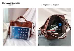 Brown Boston bag detail showing spacious interior capacity to fit an iPad and daily items