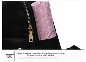 Détail d'un sac à dos noir en nylon avec poche latérale pratique pour un parapluie pliable