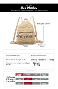Detail view of woven straw backpack with colorful tassels and pearl pendant decoration