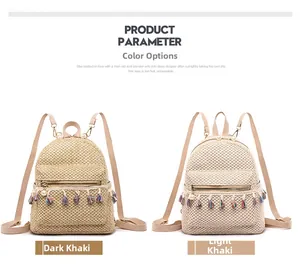 Detail of straw backpack showing dark and light khaki colors with tassel and pearl charms