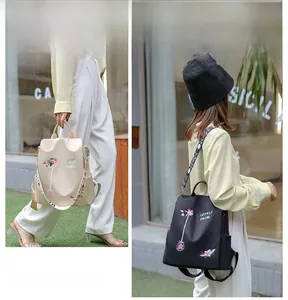 Ethno-3D-Blumenstickerei auf Nylon-Rucksack mit bunten Jacquard-Trägern für Damen