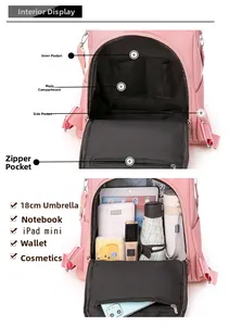 Dettaglio degli scomparti interni dello zaino rosa con sistema di organizzazione