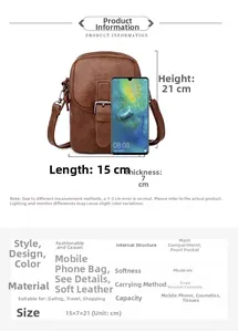 Detailed dimensions for the brown soft leather crossbody phone bag with size chart