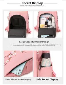 Zaino in nylon rosa impermeabile con ricamo floreale e ampio scomparto interno per oggetti
