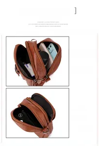 Detailed view of the brown leather crossbody bag showing multi-layered compartments and zips